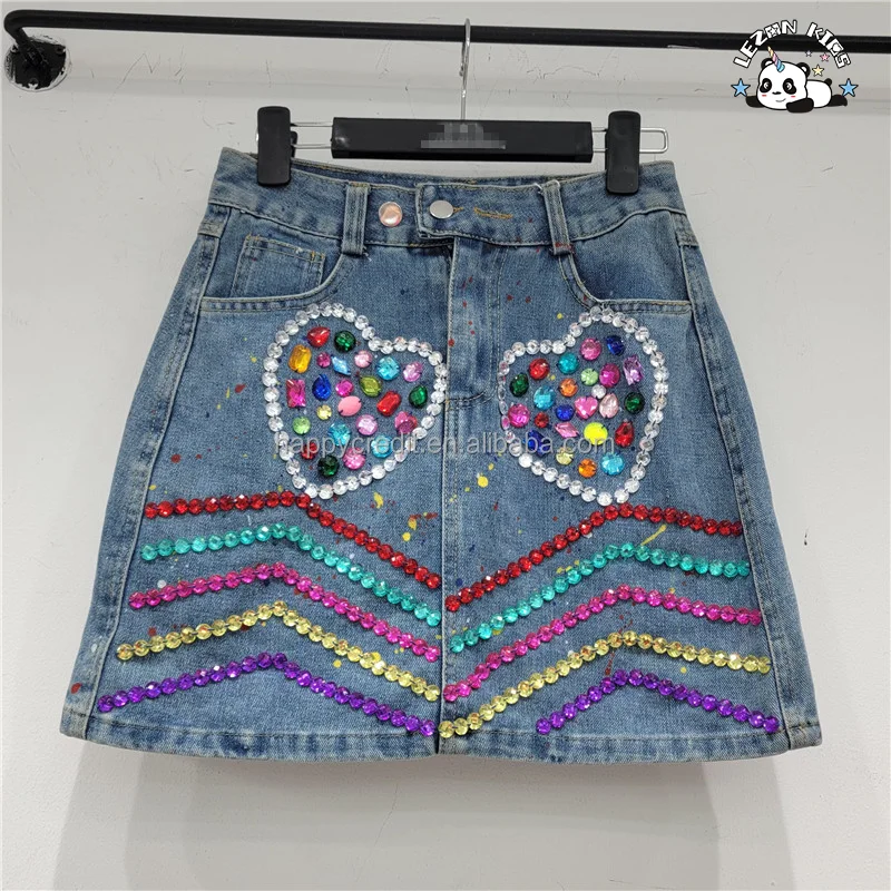 LEZONKIDS - Custom Design Fashion Hand Make Gems Denim Skirt Kid's Stones Skirt Casual A-Line Denim 2-14 Years Denim Skirt